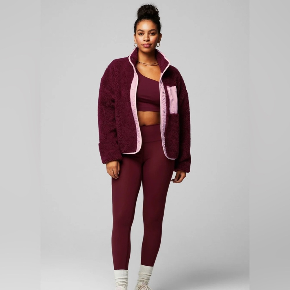 Fabletics Tahoe Teddy Zip Jacket Women’s Size XS-S Merlot/Pink Fleece Cropped‎